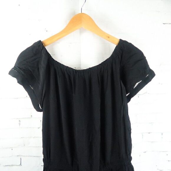 ANN TAYLOR LOFT BLACK SHORT SLEEVE ROUND NECK ROMPER WITH DRAWSTRING WAIST - Picture 4 of 10